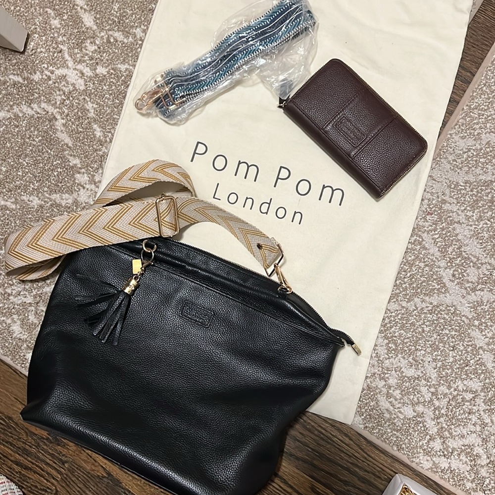 Pom Pom London crossbody tote bag, wallet, tassel key clasp, 2 straps